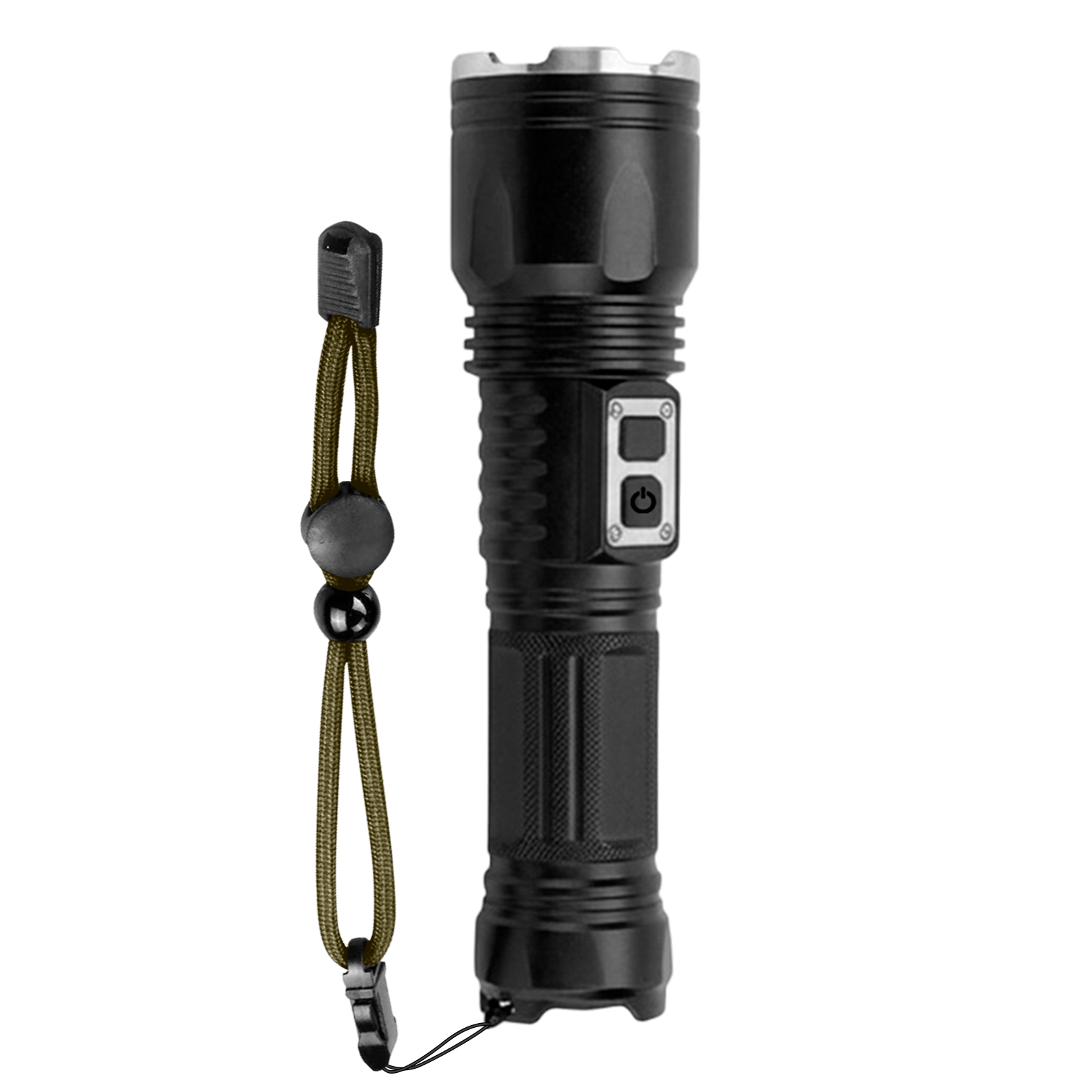 Schwarze Taschenlampe mit Lanyard und zwei Bedienelementen auf weißem Hintergrund.
