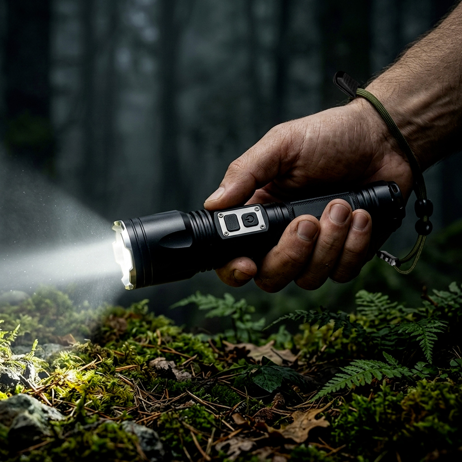 Eine Hand hält eine schwarze Taschenlampe, die Licht in einem moosigen Wald aussendet.