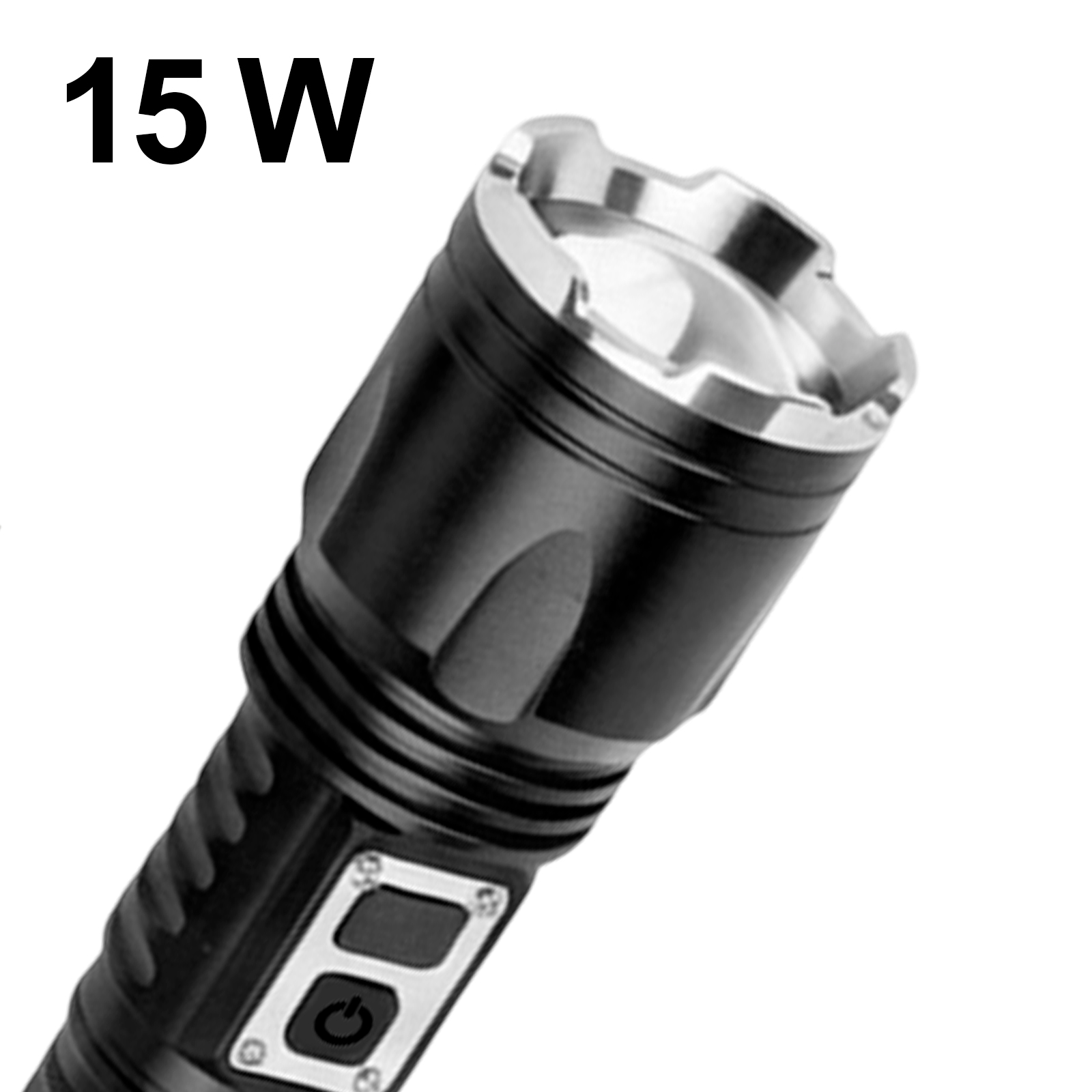 Schwarze 15W Taschenlampe mit silbernem Reflektor und EIN/AUS-Schalter.