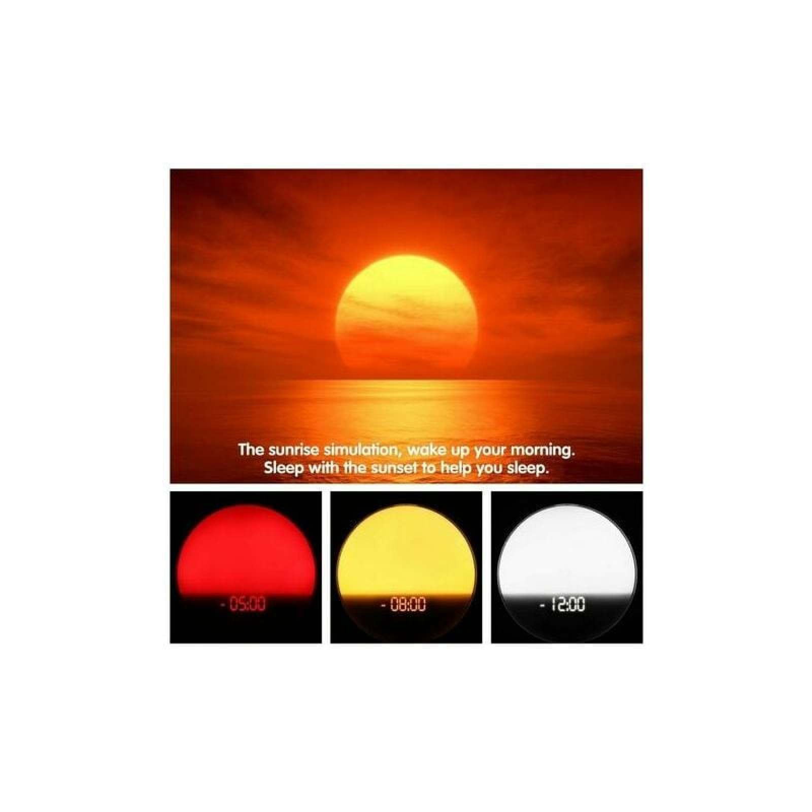 Sonnenaufgangssimulation mit drei Lichtern: rot, gelb, weiß mit Uhrzeiten.