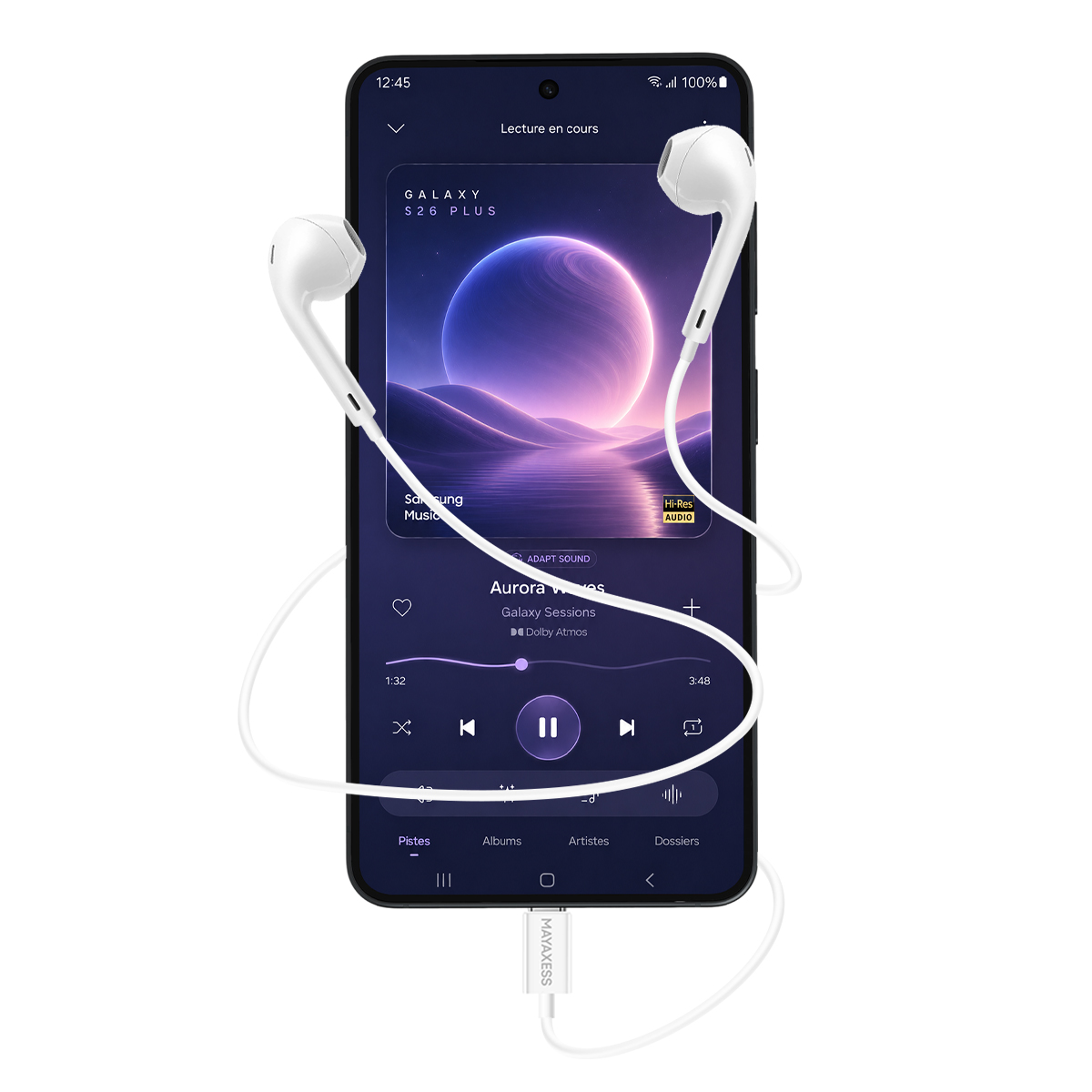 Uno smartphone con cuffie che riproduce musica, mostrando una grafica di onde e pianeti.