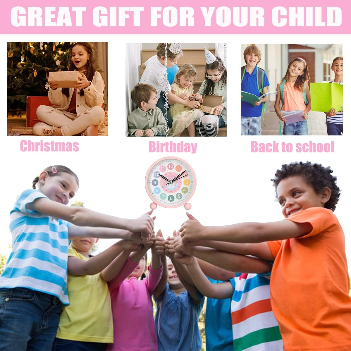 Collage von Kindern zu Weihnachten, Geburtstag und Einschulung, mit Uhr.