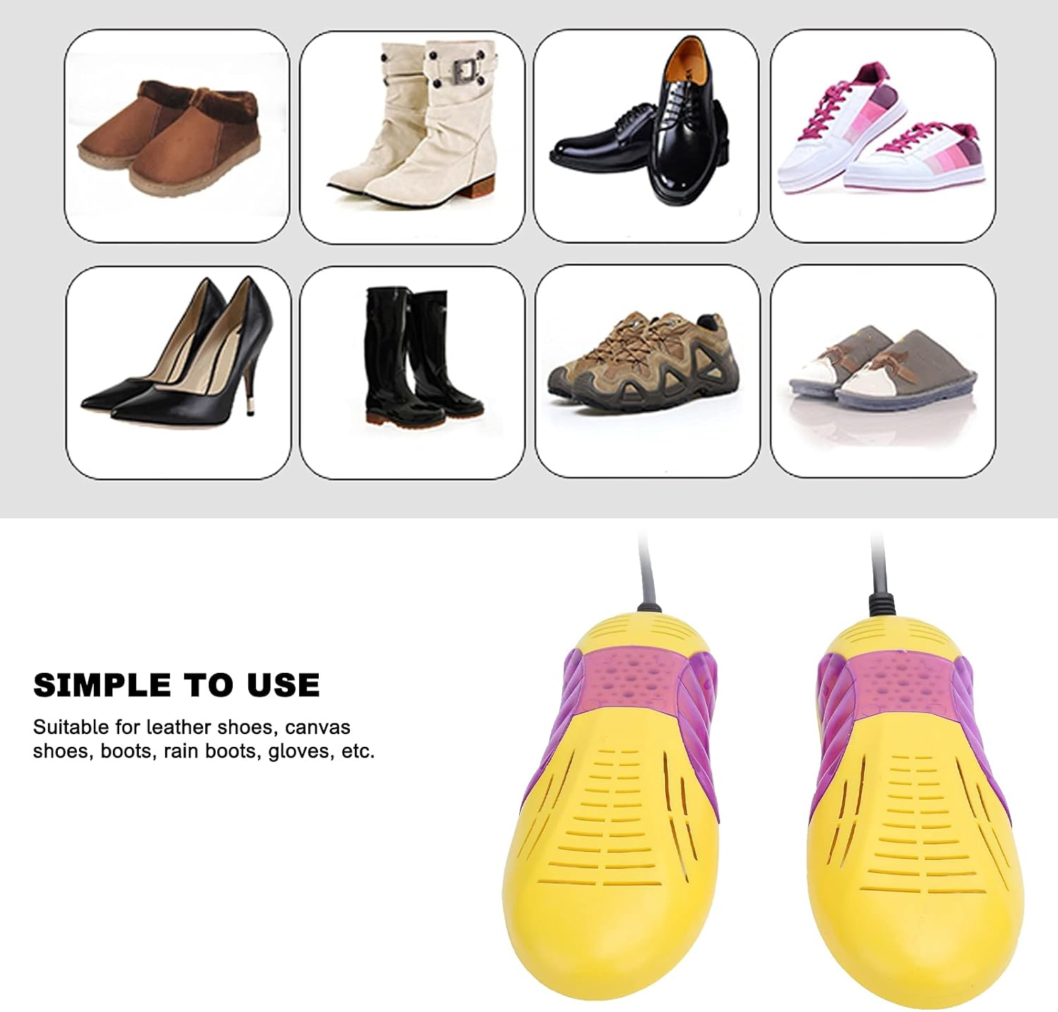 Acht verschiedene Schuhtypen und zwei Schuh-Trockner.