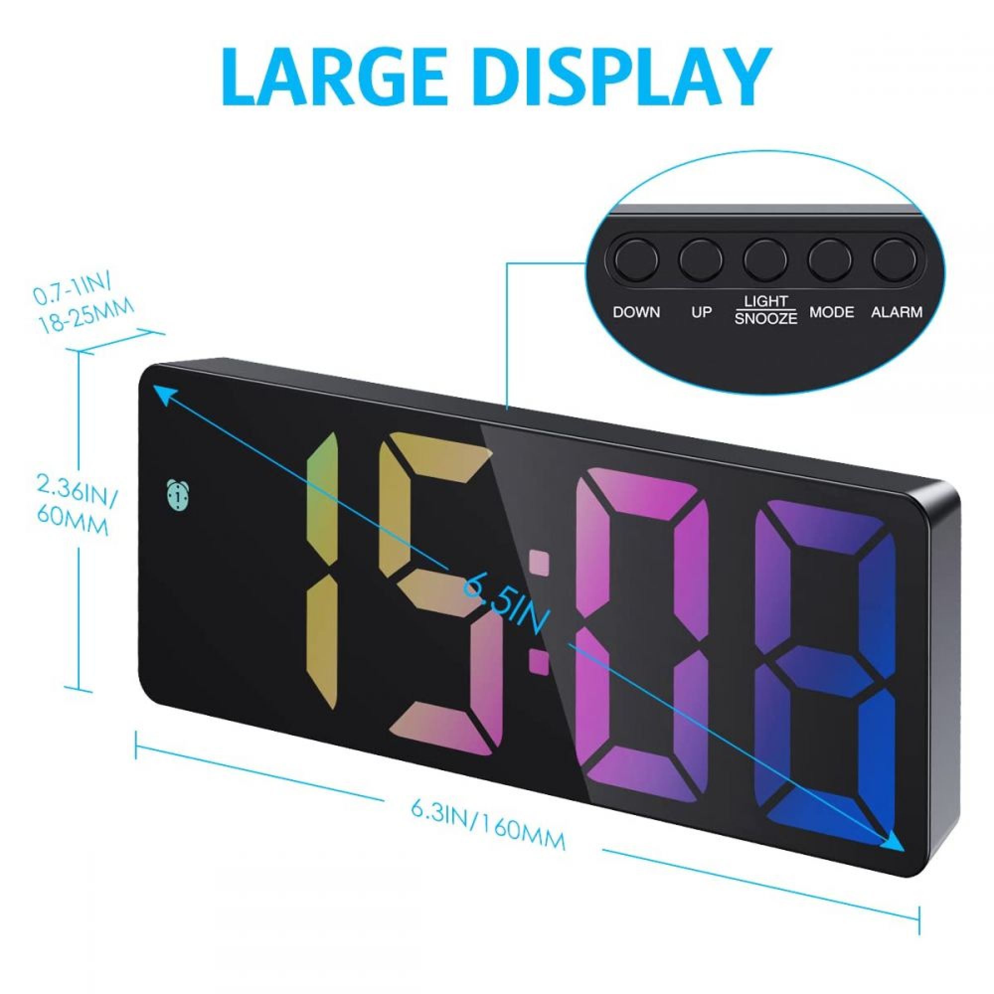 Digitaluhr mit Farbdisplay zeigt 15:08 Uhr, mit Tasten oben.