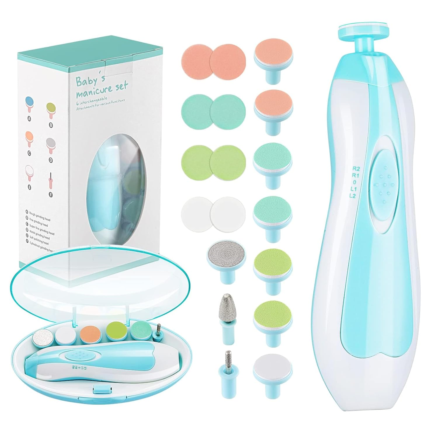 Baby-Maniküre-Set mit elektrischer Nagelfeile, sechs Aufsätzen und Aufbewahrung.