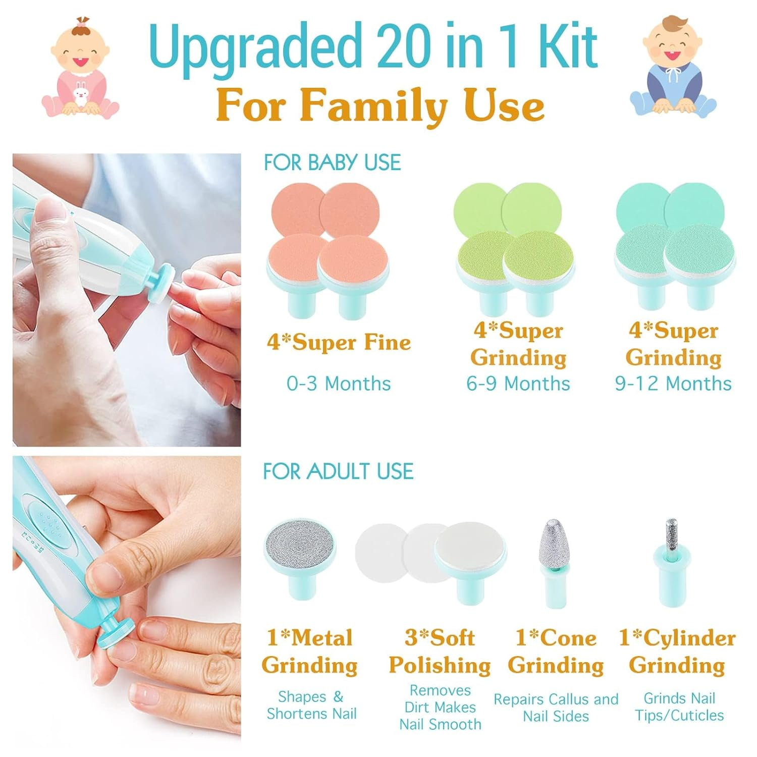 Baby- und Erwachsenen-Nagelfeilen-Set mit verschiedenen Aufsätzen für unterschiedliche Altersgruppen und Zwecke.