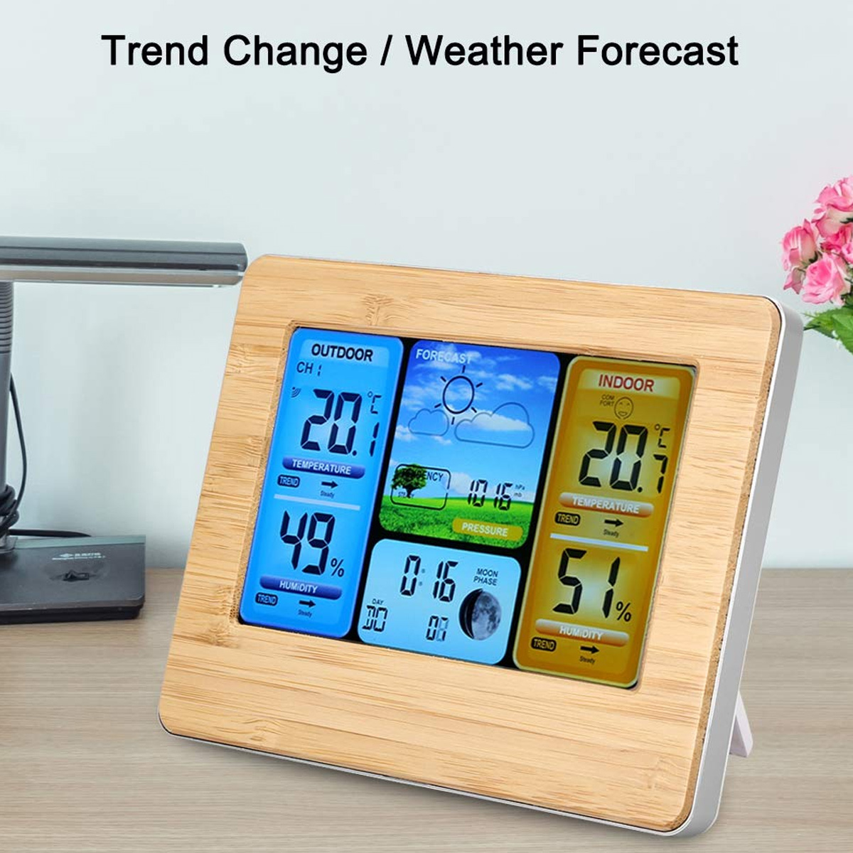 Digitale Wetterstation mit Außen-/Innentemperatur, Feuchtigkeit, Vorhersage, Mondphase.