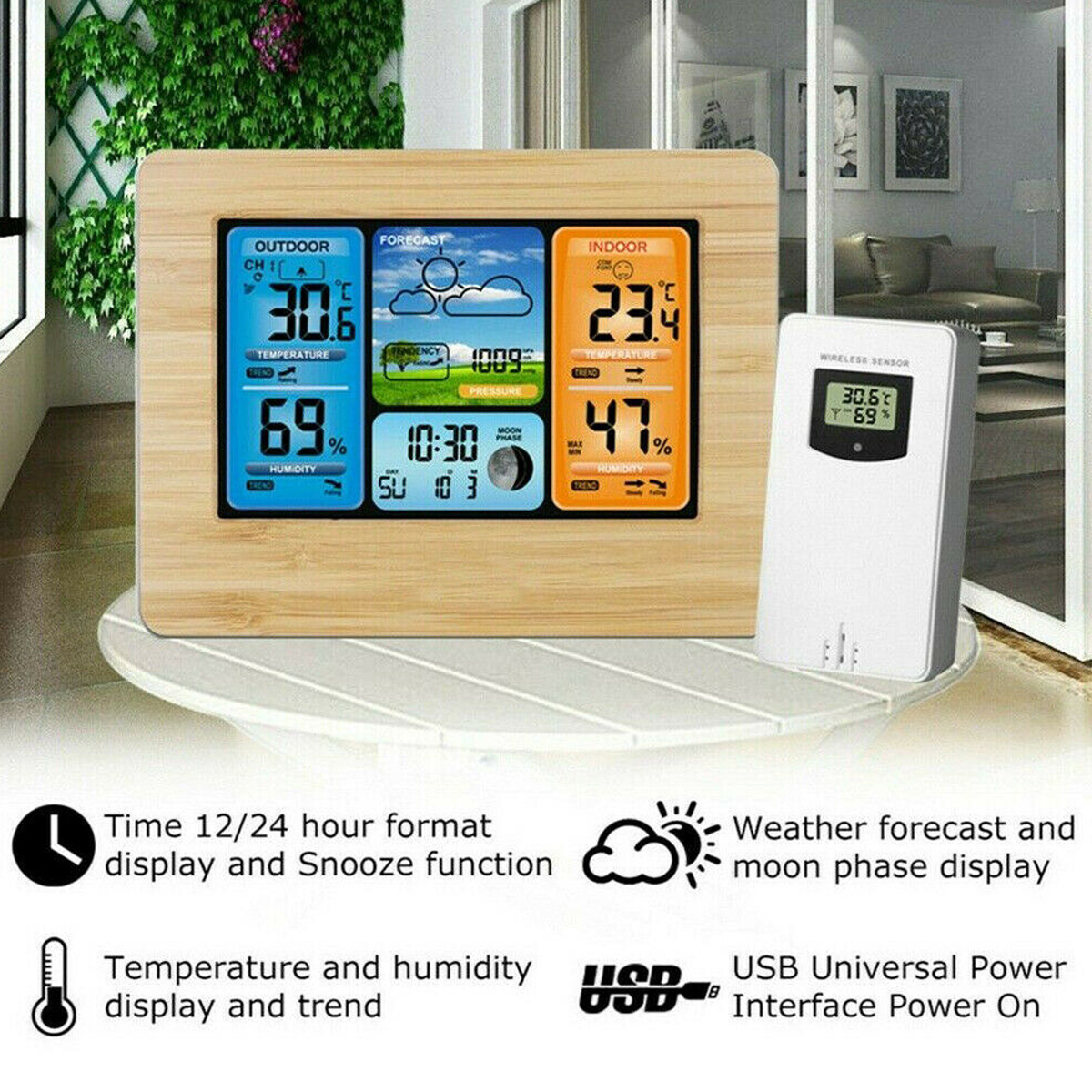 Ein digitaler Wetterstation mit Innen- und Außentemperatur, Luftfeuchtigkeit und Wettervorhersage.