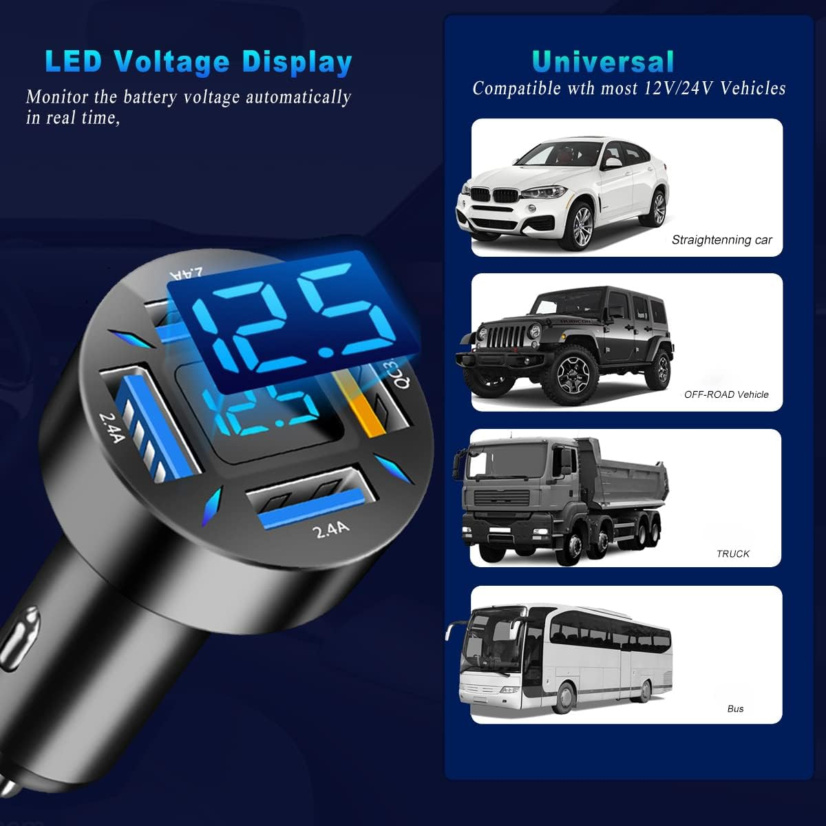 Ein schwarzer KFZ-Ladeadapter mit blauem LED-Display und mehreren USB-Anschlüssen.