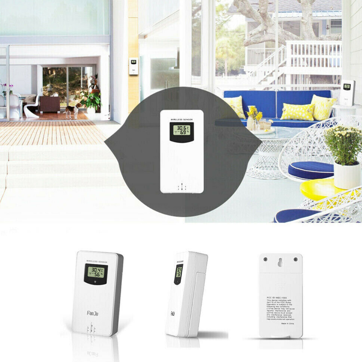 Drahtloser Sensor mit digitaler Anzeige, drei Ansichten: Vorderseite, Seite, Rückseite.