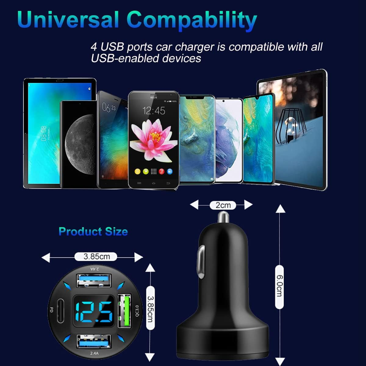 Ein schwarzer Auto-USB-Ladegerät mit 4 Anschlüssen und Zubehör wie Tablets und Smartphones.