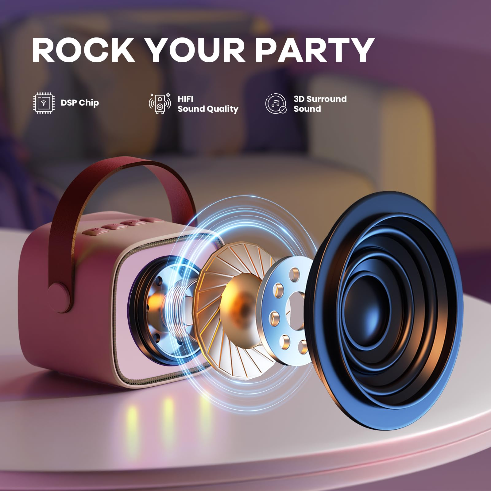 Explodierte Ansicht eines rosa Lautsprechers mit DSP, HiFi-Sound und 3D-Surround-Sound