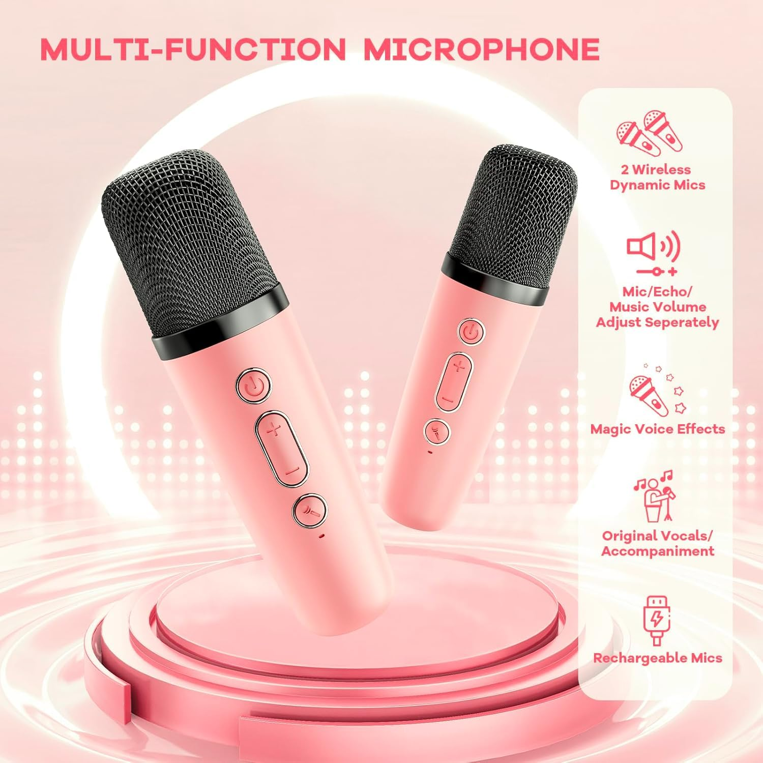 Zwei rosa Multifunktionsmikrofone auf einem Displayständer mit Funktionssymbolen.