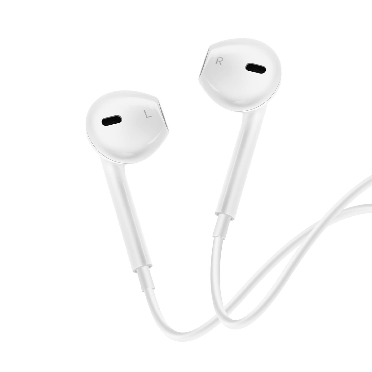 Weiße In-Ear-Kopfhörer mit Kabel, L und R markiert.