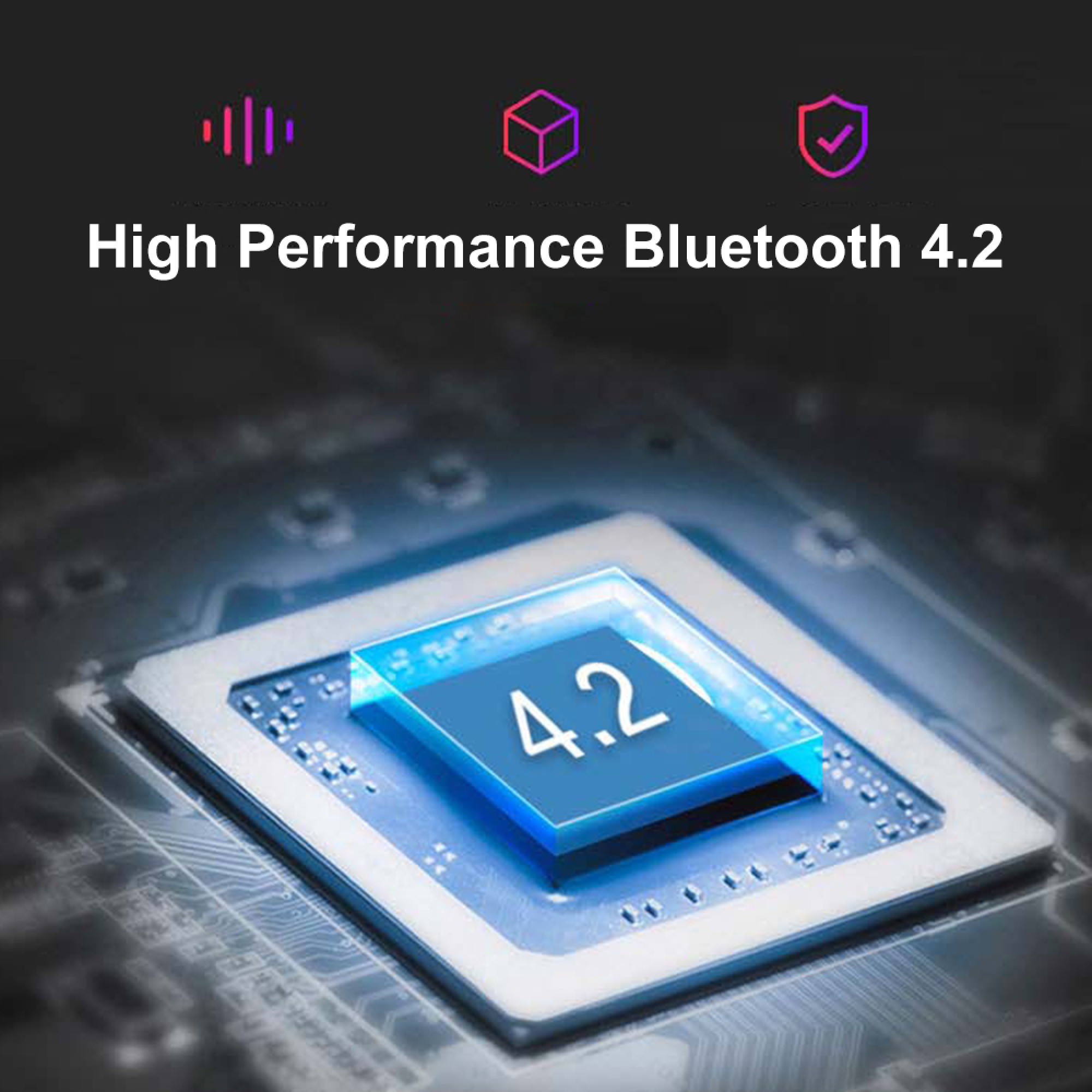 Nahaufnahme einer Computerplatine mit leuchtendem blauen Chip, auf dem 4.2 steht.