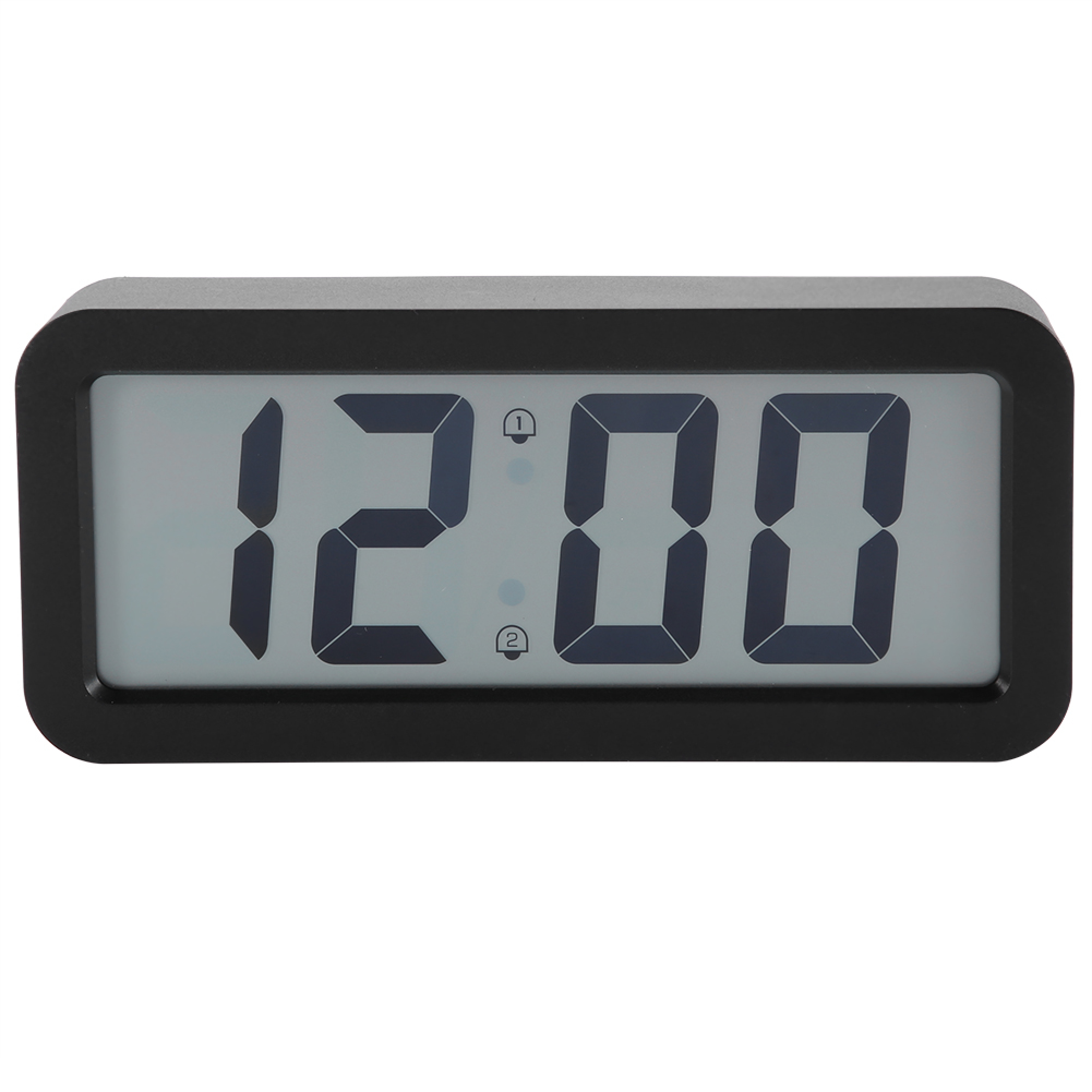 Ein schwarzer Digitalwecker zeigt 12:00 mit Symbolen 1 und 2.