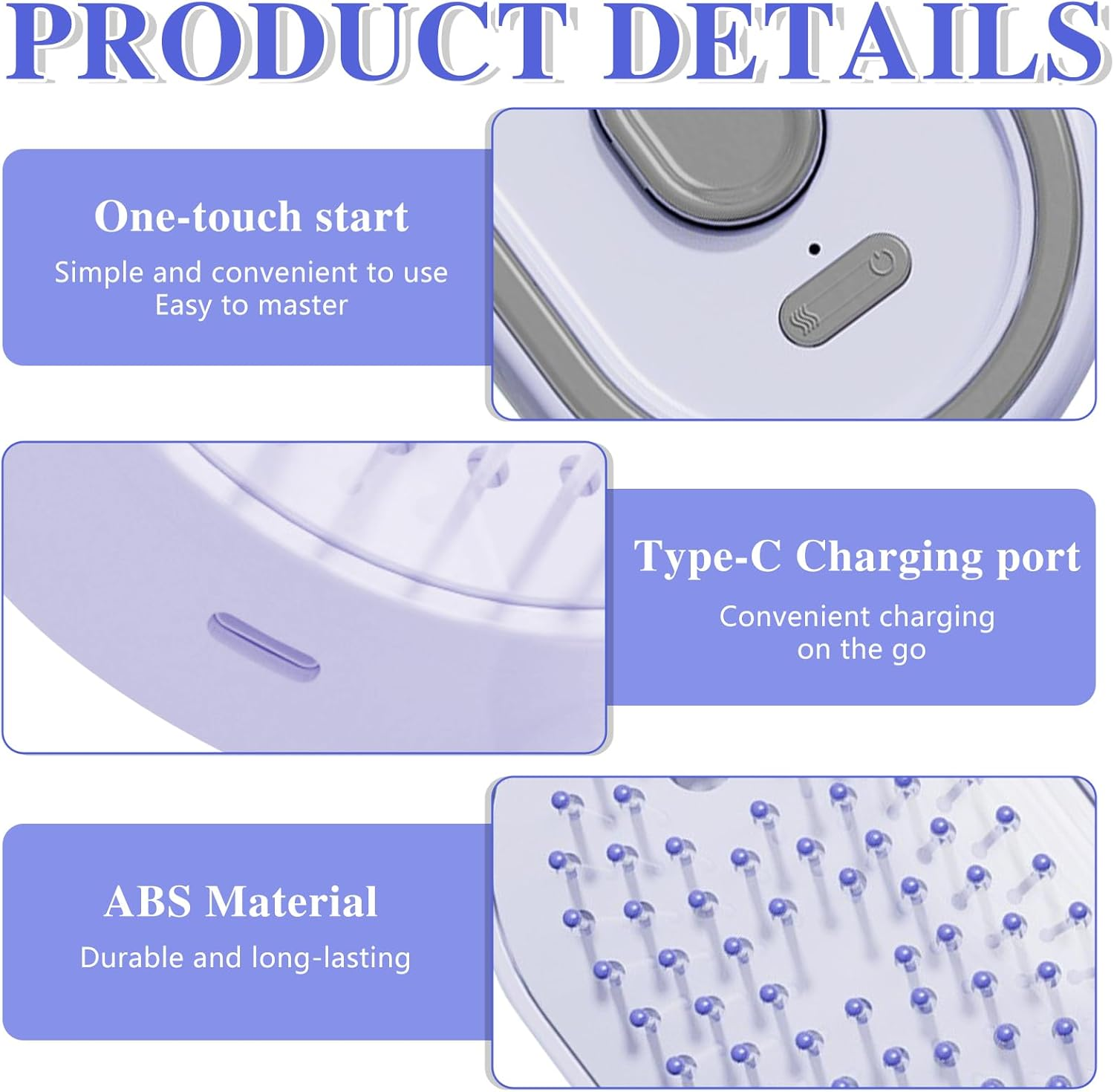 Produktübersicht: Ein-Tasten-Start, Typ-C-Ladeanschluss, ABS-Material, Düsenvorsatz.