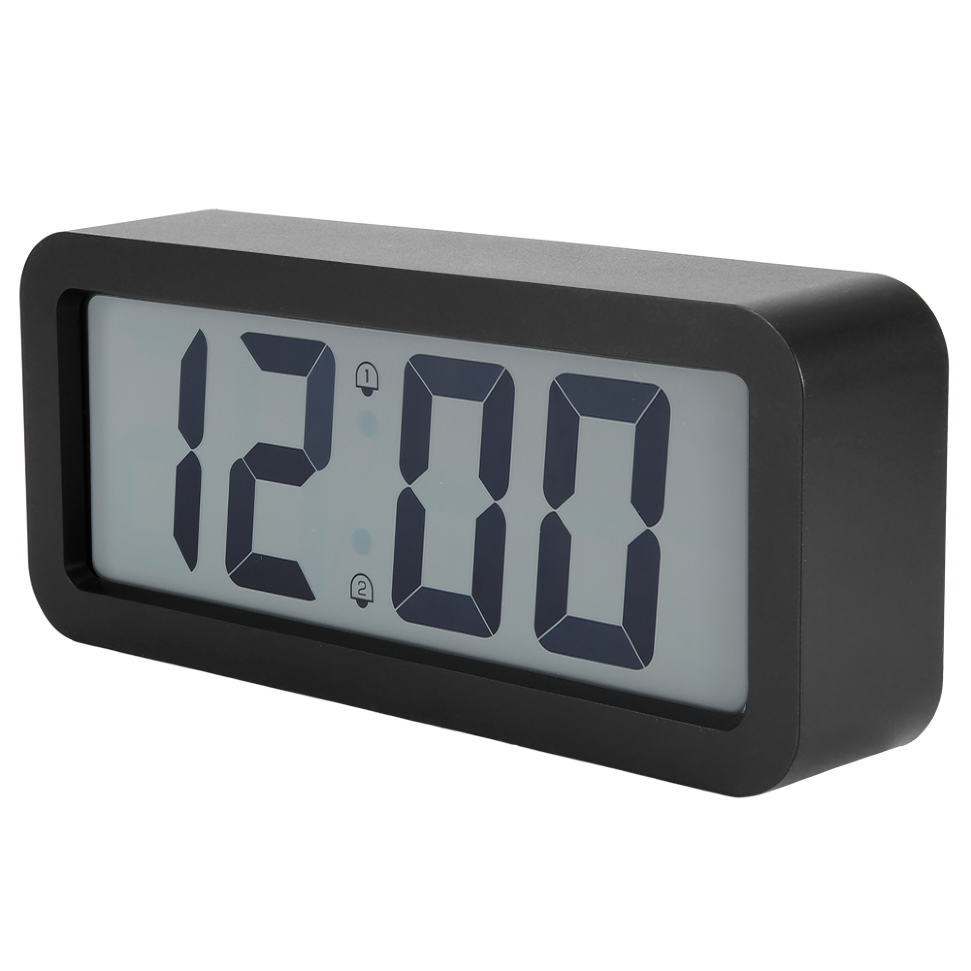 Ein schwarzer Digitalwecker zeigt 12:00 an.