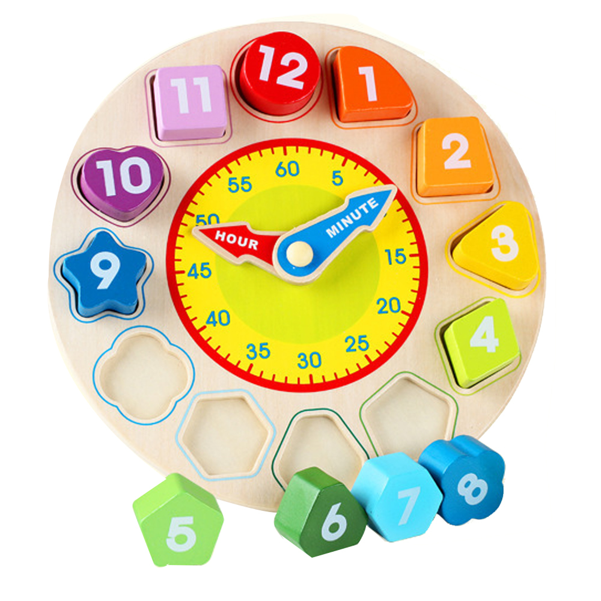 Ein Holz-Lernspielzeug mit einer Uhr, Zahlen und Formen.