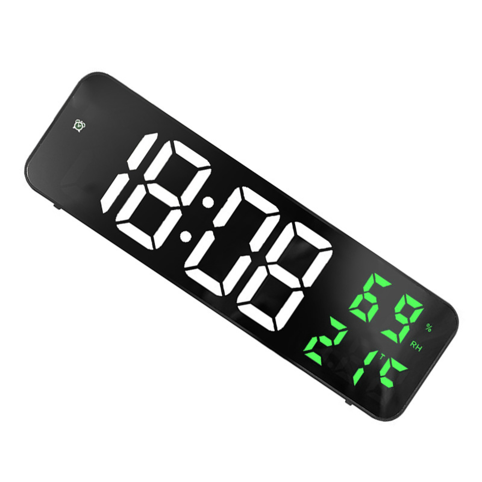 Ein digitaler Wecker zeigt 10:08 Uhr und 21°C bei 69% Luftfeuchtigkeit an.