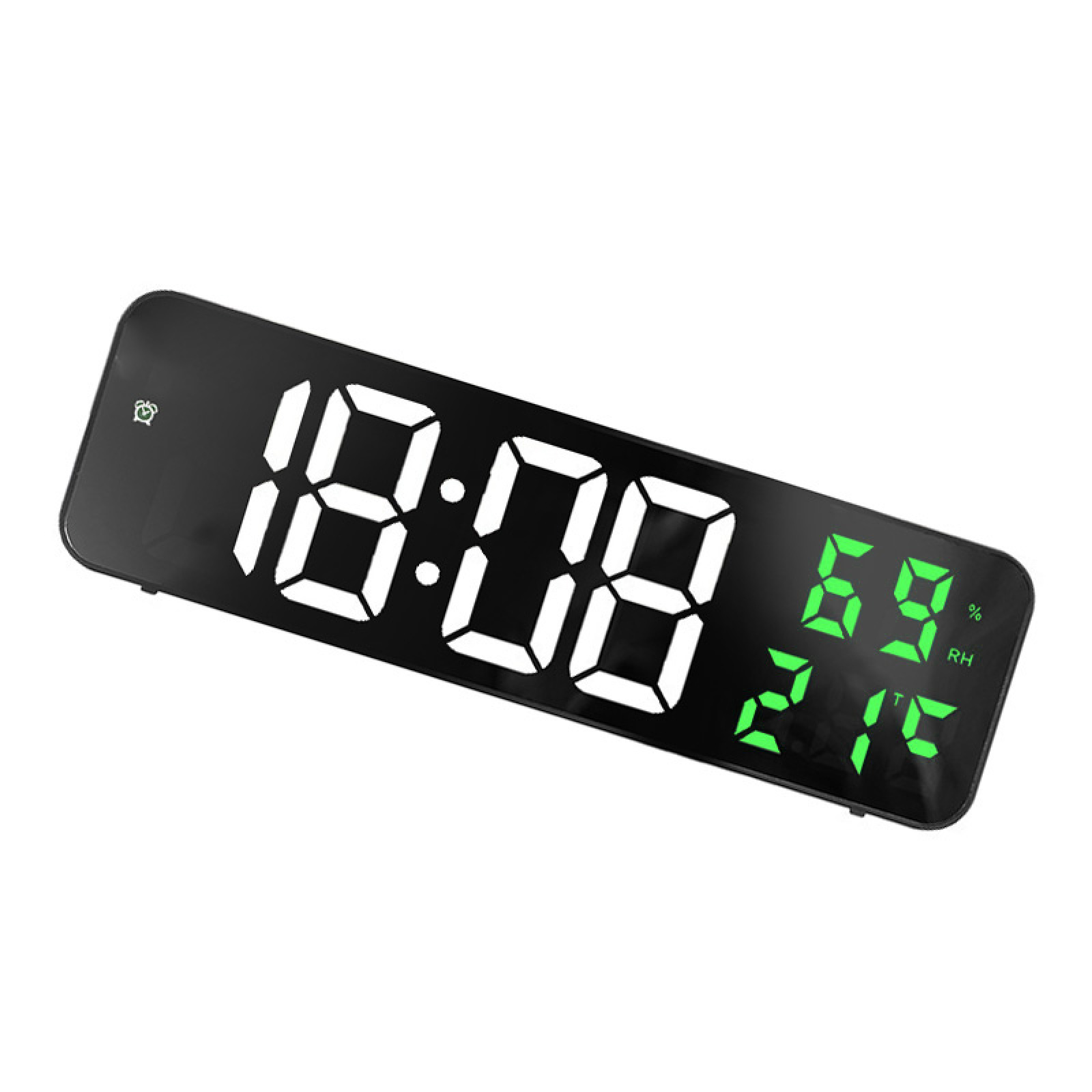 Ein digitaler Wecker zeigt 18:08 Uhr, 69% Luftfeuchtigkeit und 21°C an.