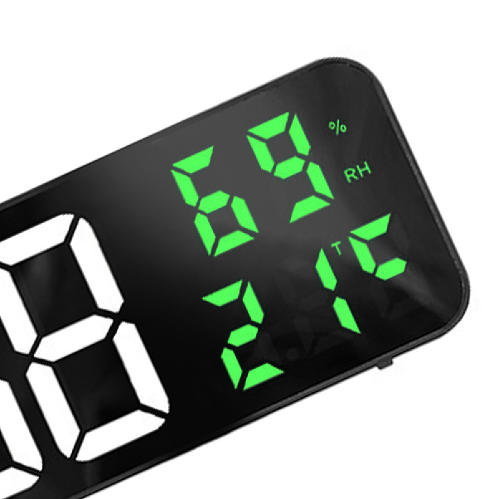 Ein digitales Display zeigt 69% RH und 24°C auf schwarzem Hintergrund.