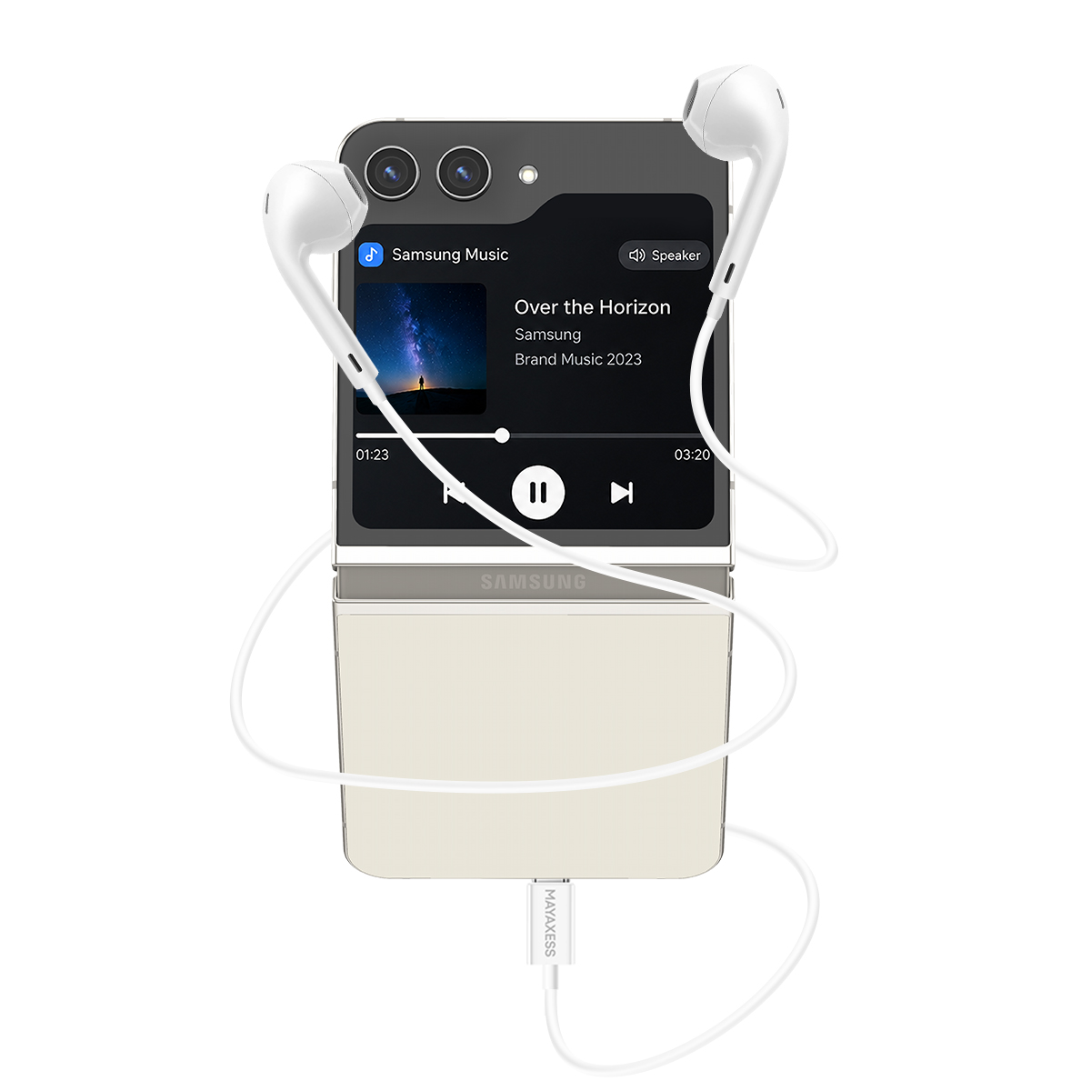 Un Samsung aperto con auricolari che riproducono musica.