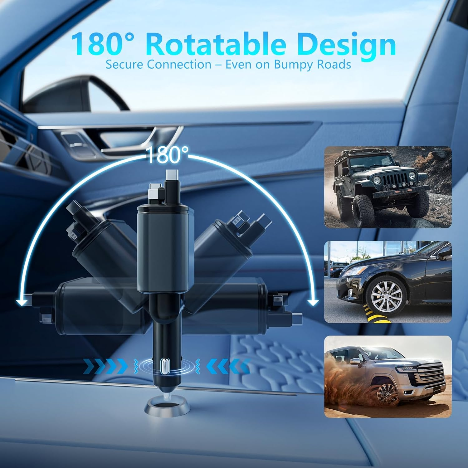 180° drehbarer Autoladegerät-Adapter mit drei Autoszenen: Geländewagen, Stadtauto, Wüstenauto.