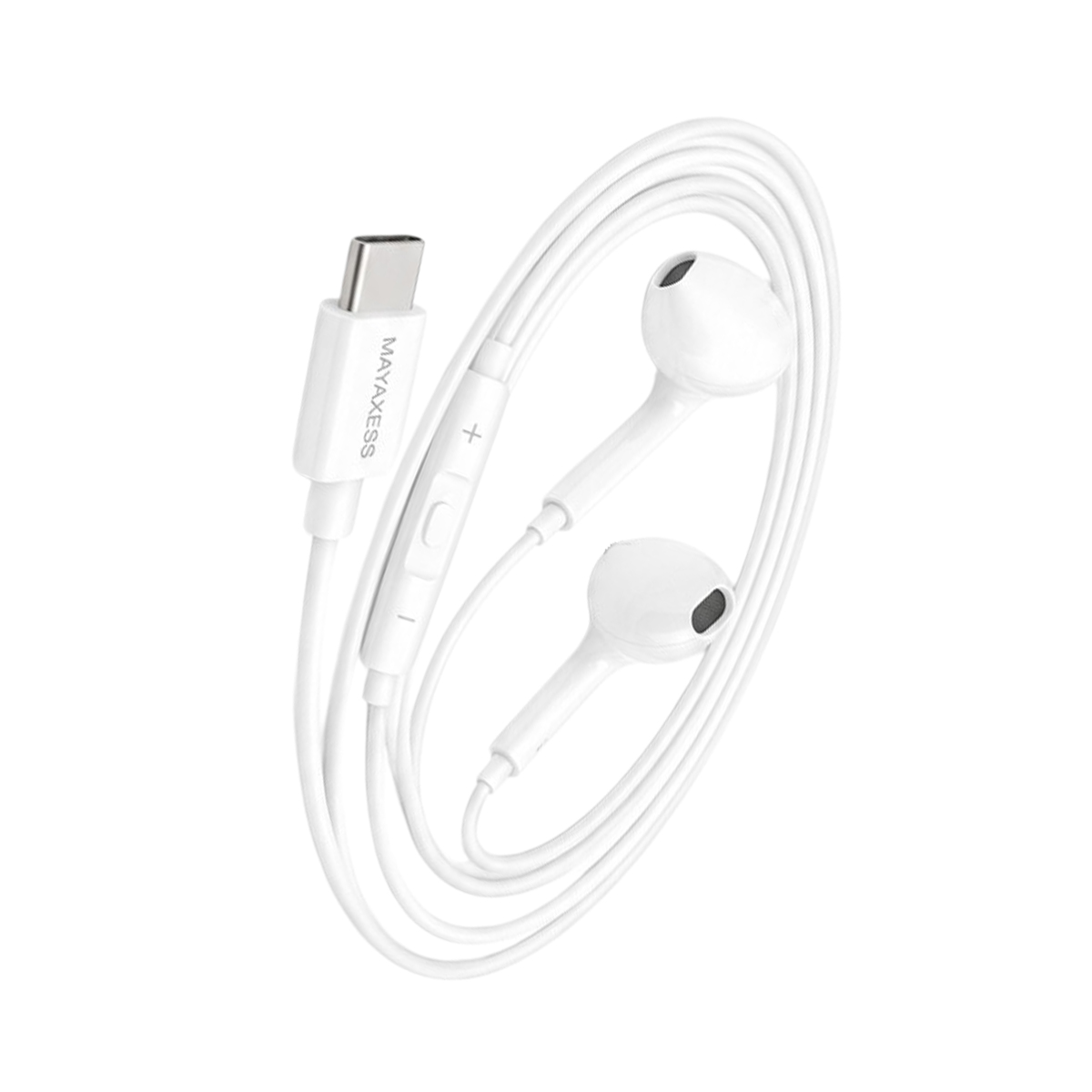 Auricolari bianchi con connettore USB-C e telecomando in linea.