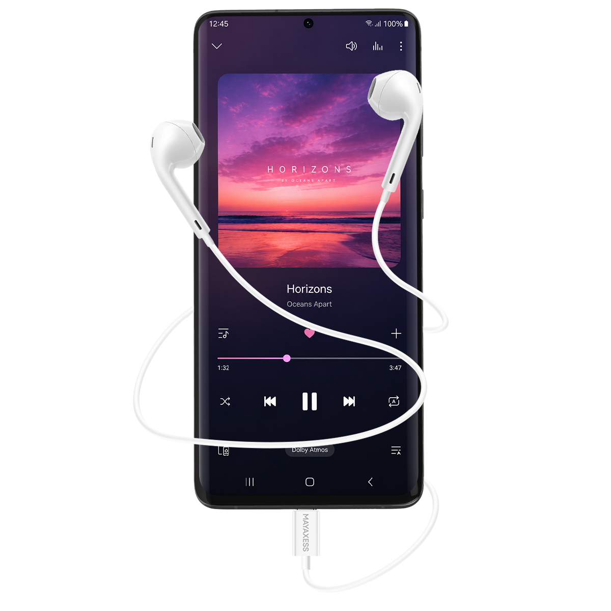 Smartphone che mostra lettore musicale con auricolari bianchi collegati. Immagine tramonto sullo schermo.