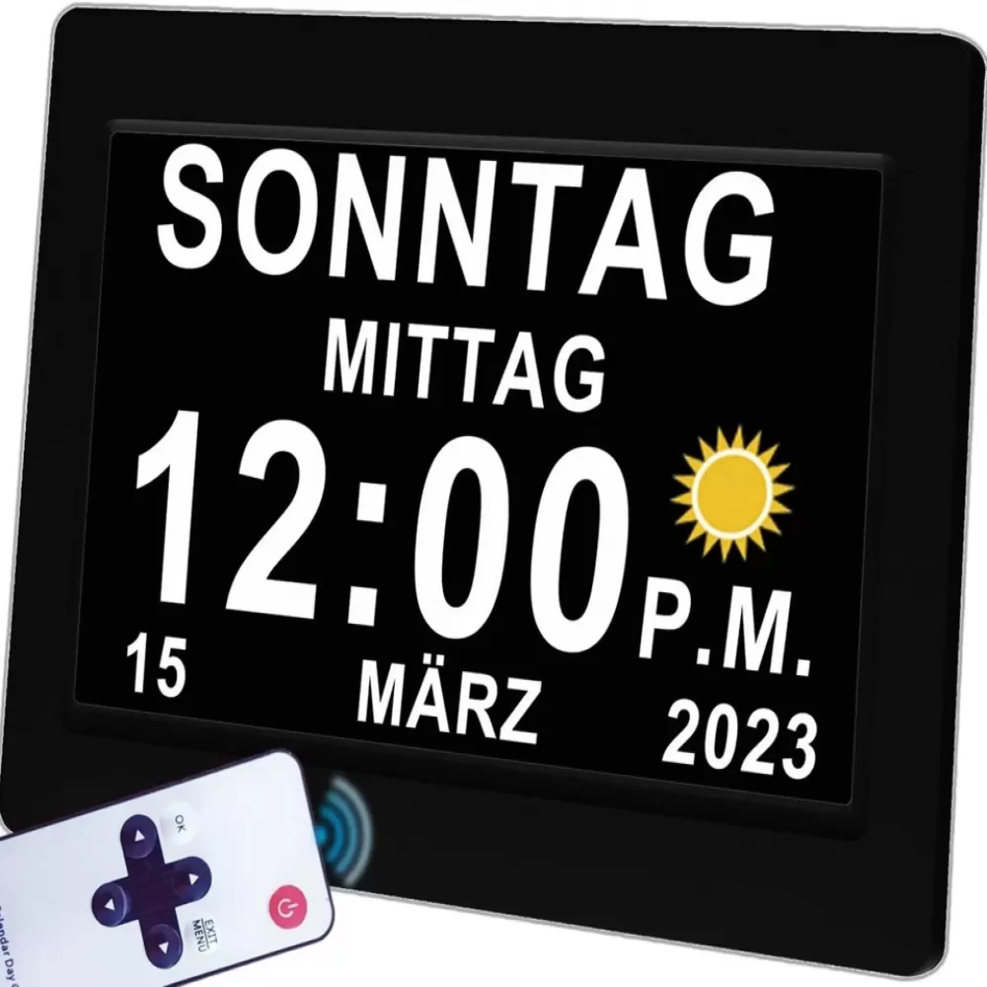 Digitaluhr zeigt Sonntag, 12:00 Uhr mittags, 15. März 2023, mit Sonne.