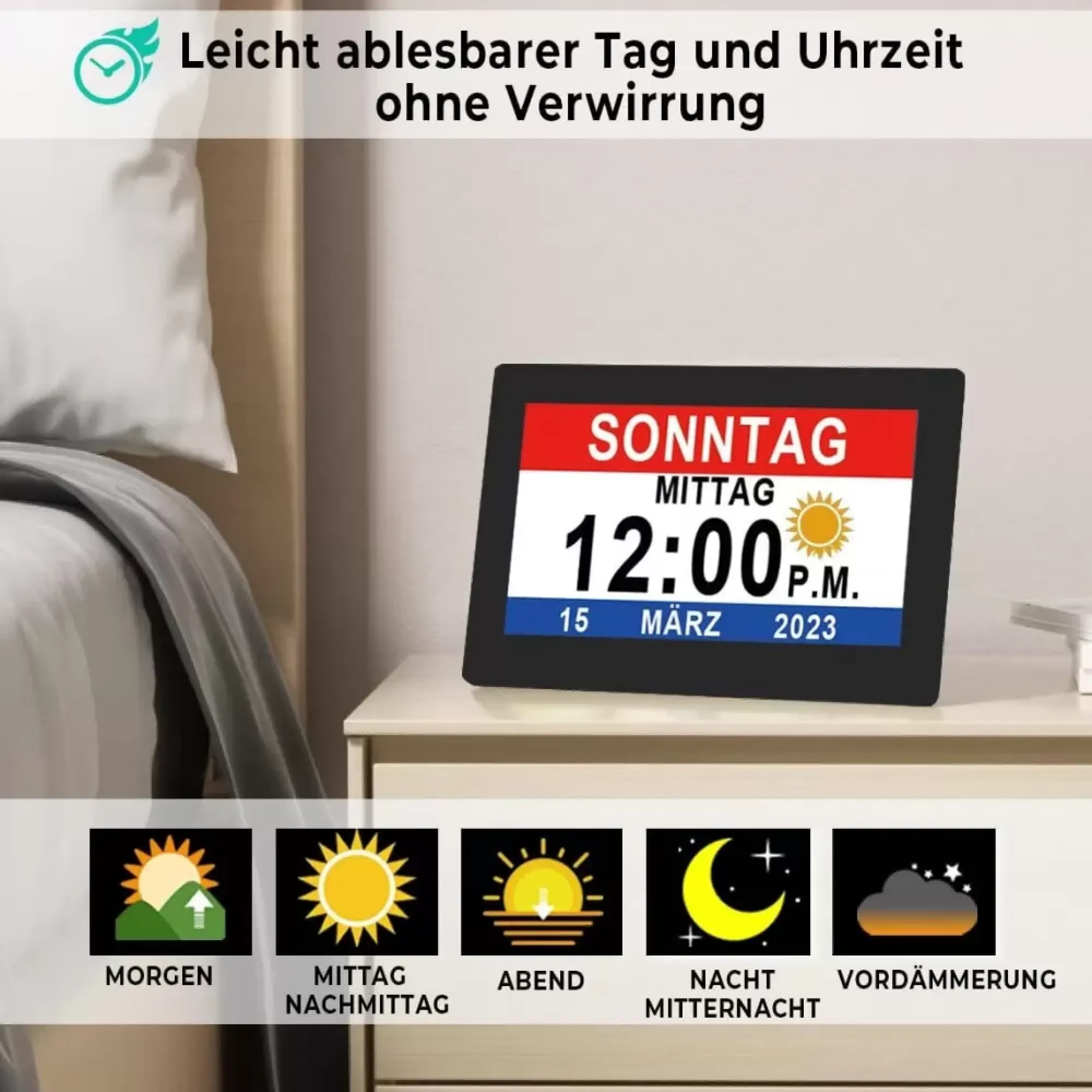 Digitaluhr zeigt Sonntag, 15. März 2023, 12:00 Uhr mittags an.