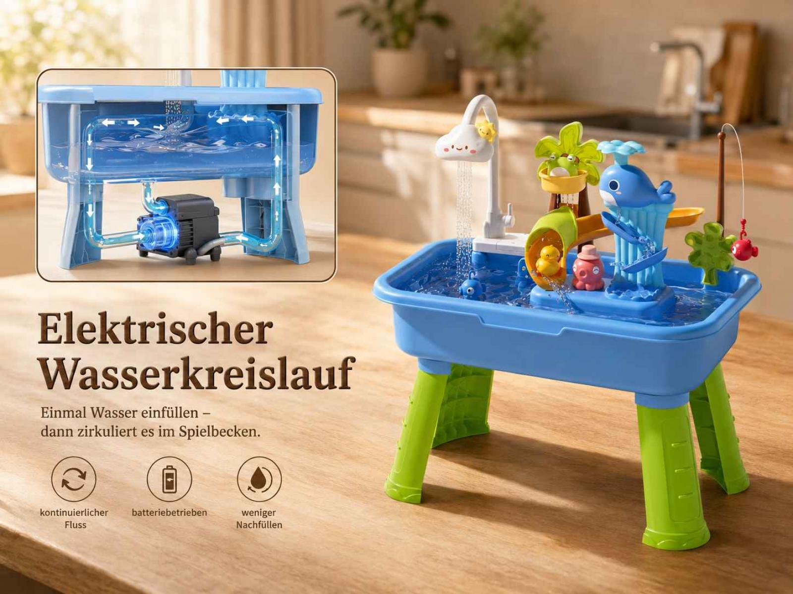 Blaues elektrisches Wasserspielzeug mit Quietscheentchen, Wal und Fischfiguren.