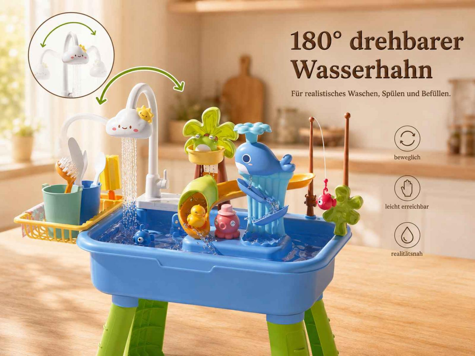 Spielzeug-Spülbecken mit Wasserhahn, Enten, Fisch und Wal-Dekoration.