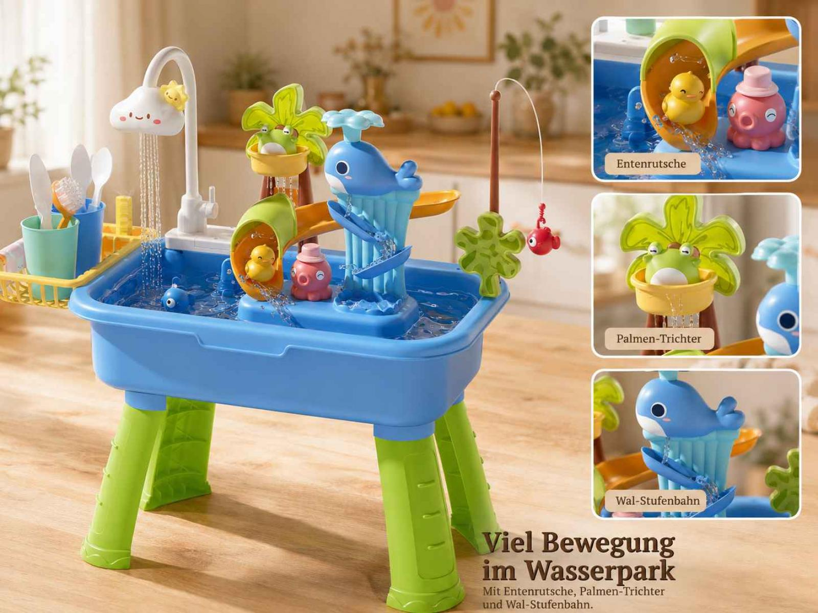 Ein blauer Spieltisch mit Entenrutsche, Palmen-Trichter und Wal-Stufenbahn.