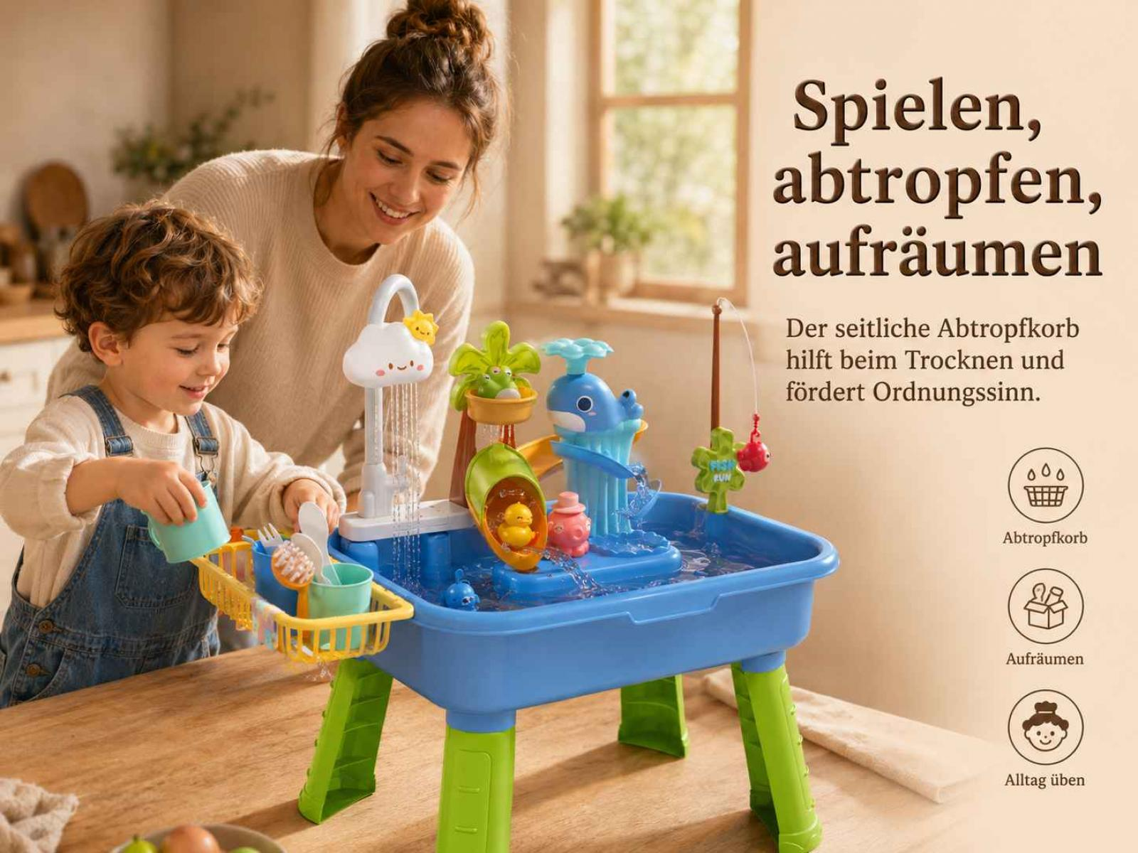 Mutter und Kind spielen mit einem blauen Wasserspieltisch mit Enten und Wal.