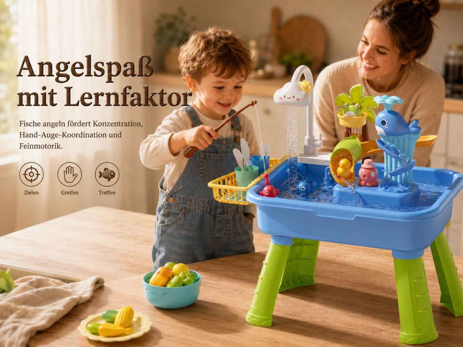 Ein Junge spielt mit einem Angelspielzeug, eine Frau im Hintergrund lächelt.