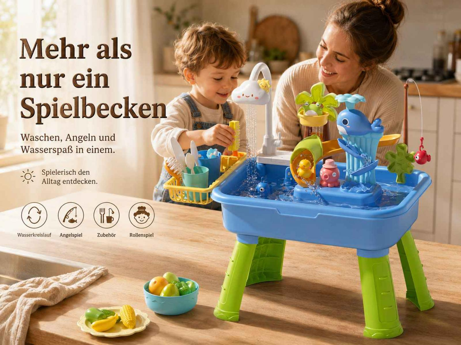 Mutter und Sohn spielen mit einem blauen Wasserspieltisch mit Enten und Walfiguren.