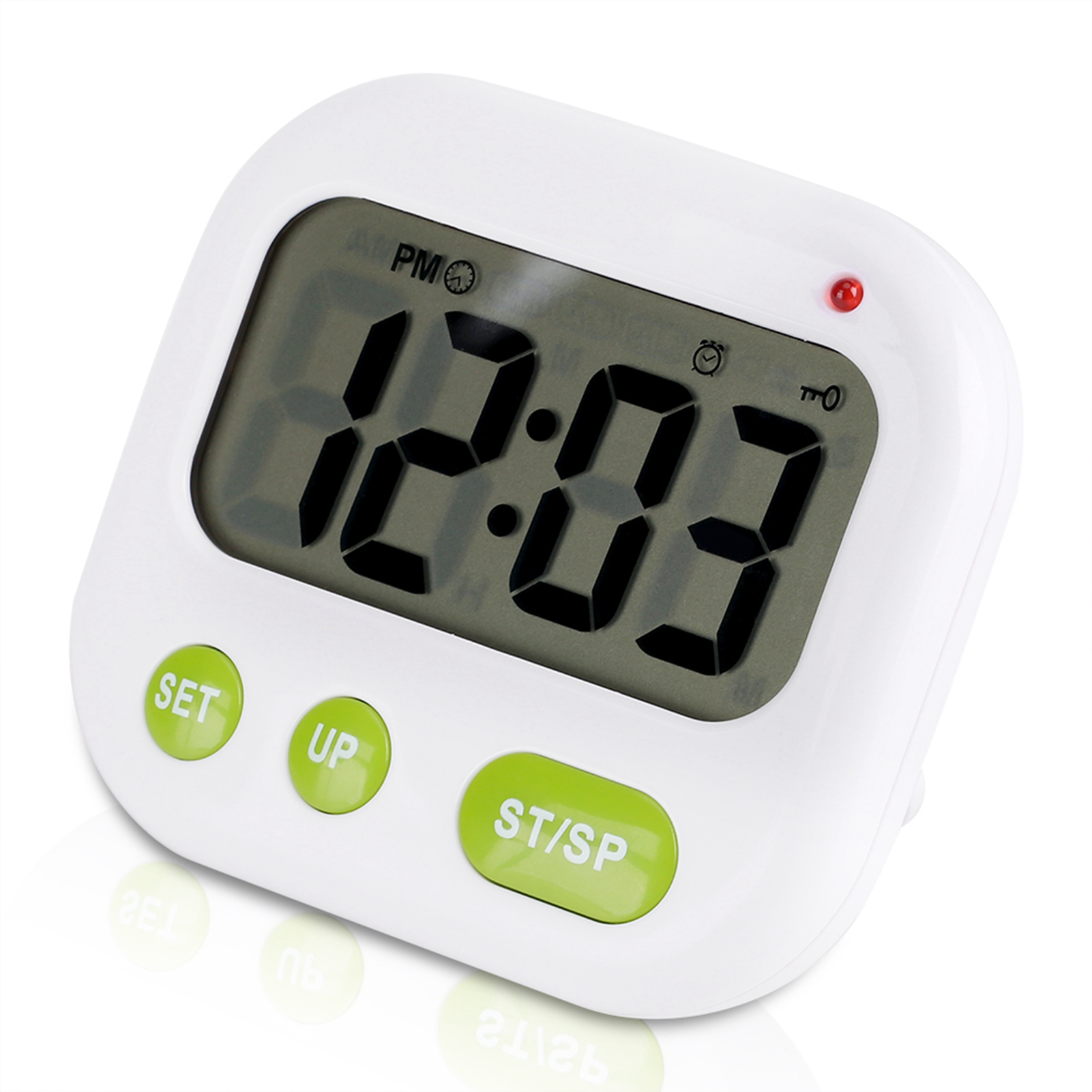 Ein weißer digitaler Wecker zeigt 12:03 Uhr an und hat grüne Tasten.