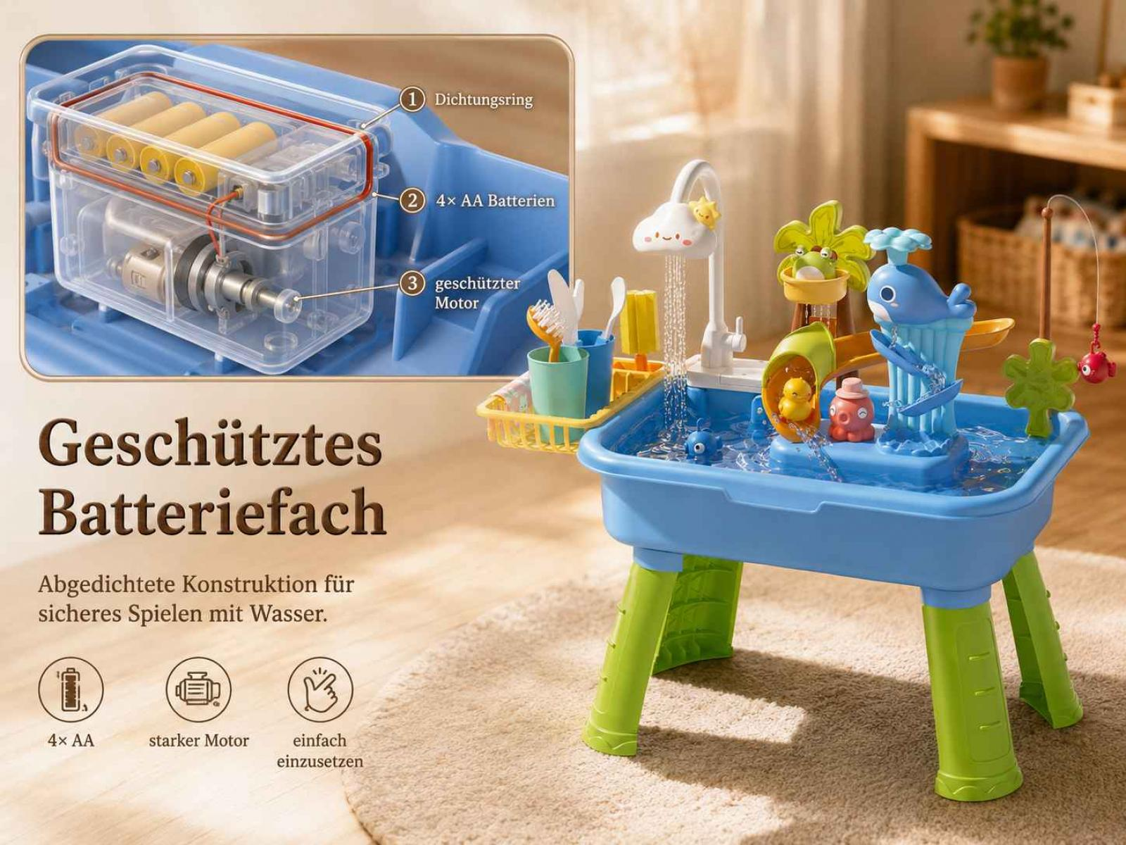 Ein blaues Spielzeug-Wasserspielhaus mit bunten Figuren und einem geschützten Batteriefach.