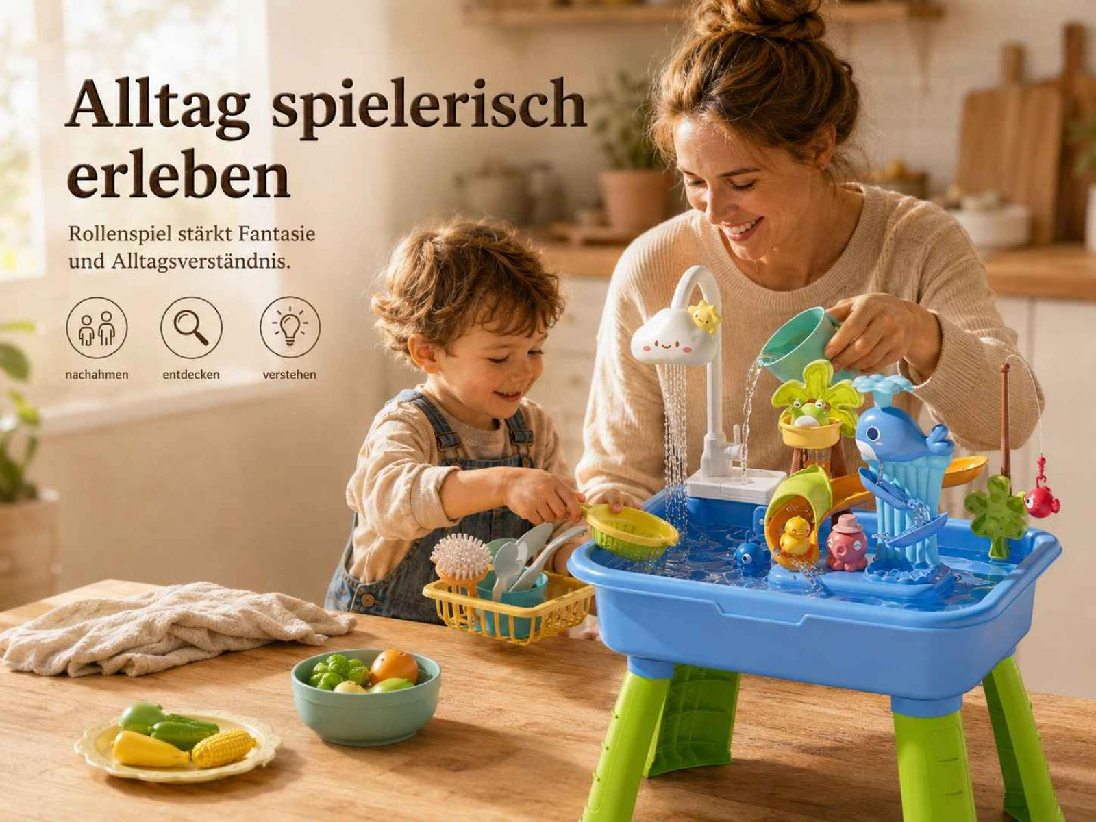 Mutter und Kind spielen mit einem blauen Wasserspieltisch mit Spielzeug. Obst liegt auf dem Tisch.