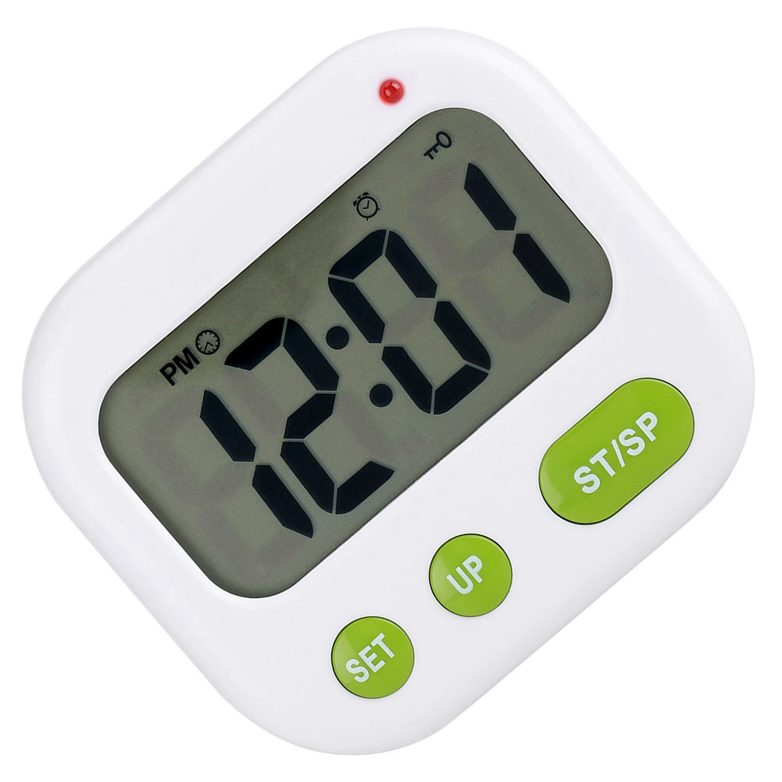 Weißer digitaler Timer, der 12:01 Uhr anzeigt, mit grünen SET-, UP- und ST/SP-Tasten.