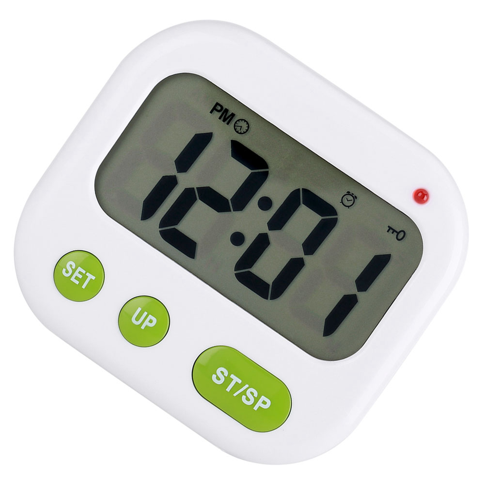Ein weißer digitaler Timer mit grünen Tasten und einem LCD-Display, das 12:01 Uhr anzeigt.