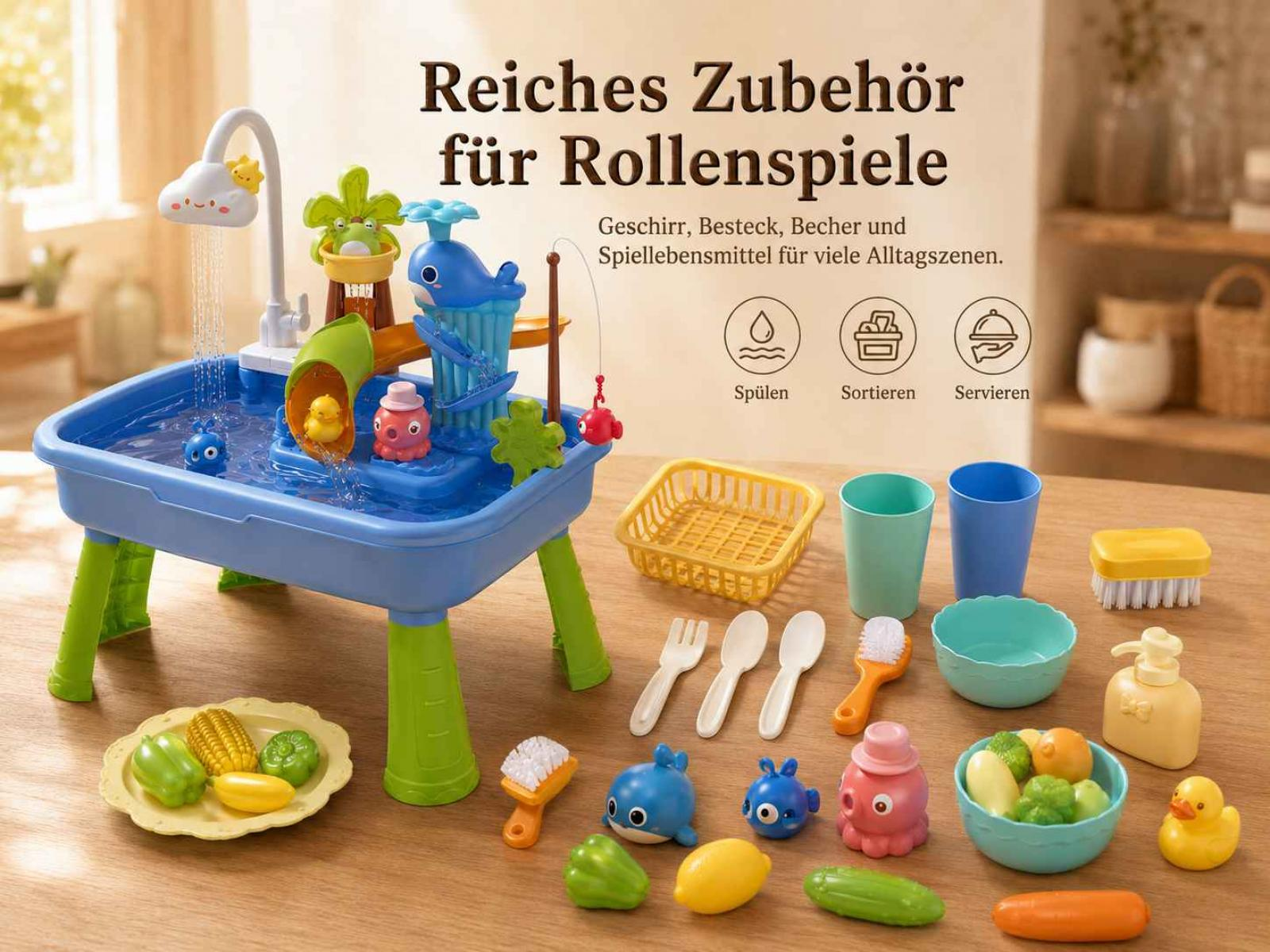 Ein blaues Spielzeug-Wasserspielzeug mit Enten, Oktopussen und einem Wal. Zubehör liegt auf dem Tisch.