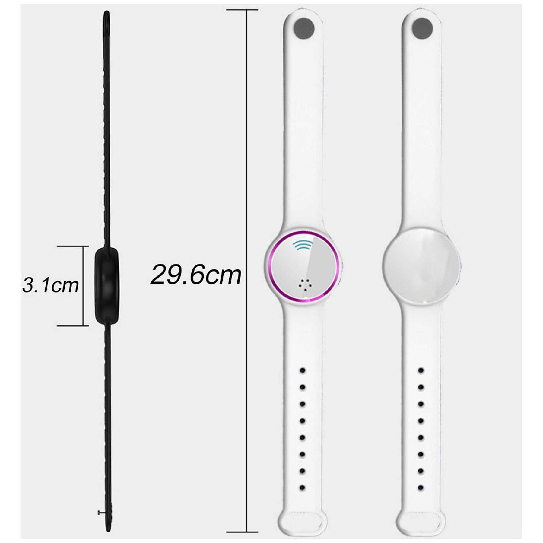 Weiße Armbänder mit runden Displays, eins zeigt WLAN-Symbol, das andere ist leer. Maße 29,6cm, 3,1cm.