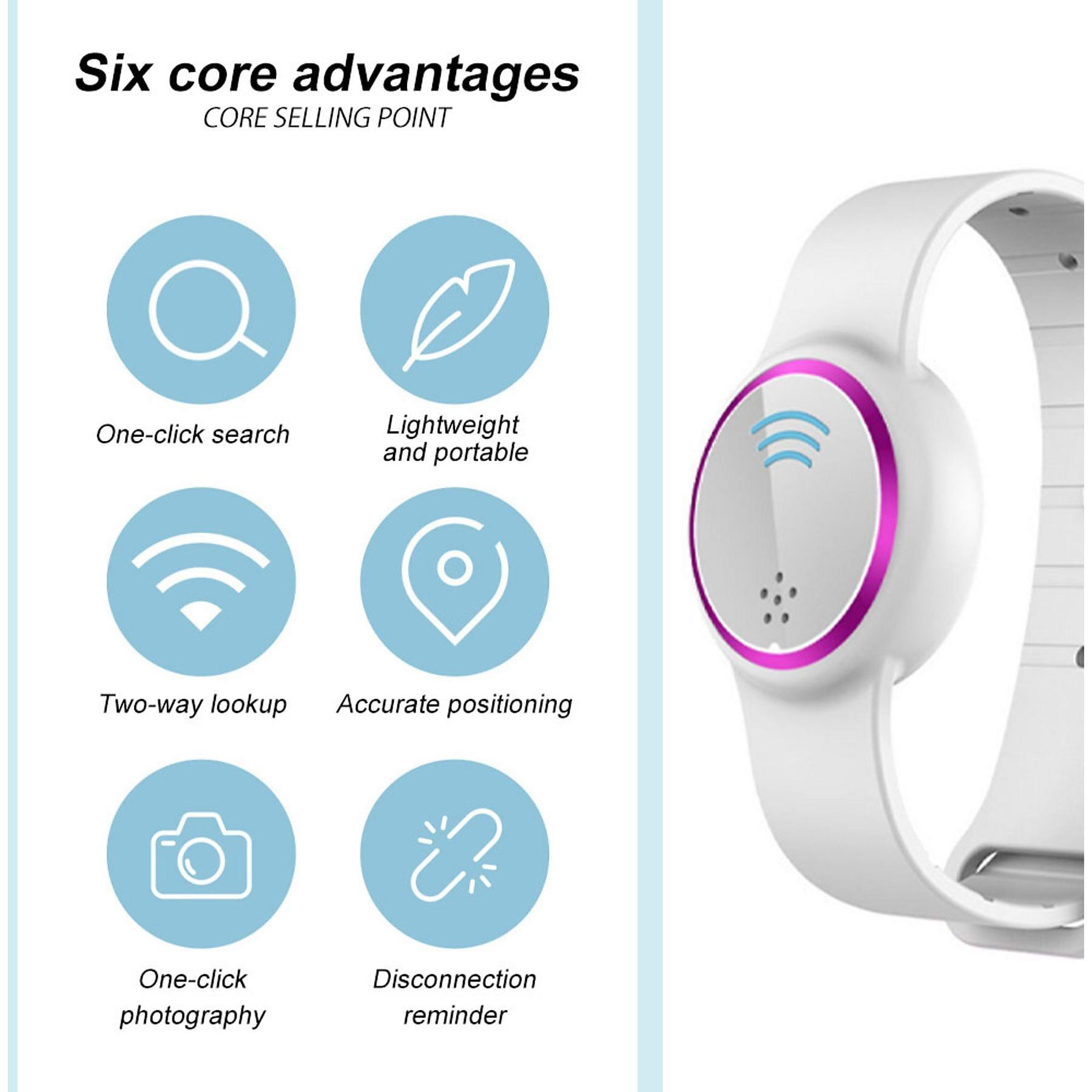 Weiße Smartwatch mit lila Rand und Symbolen für Funktionen wie Suche und Fotografie.