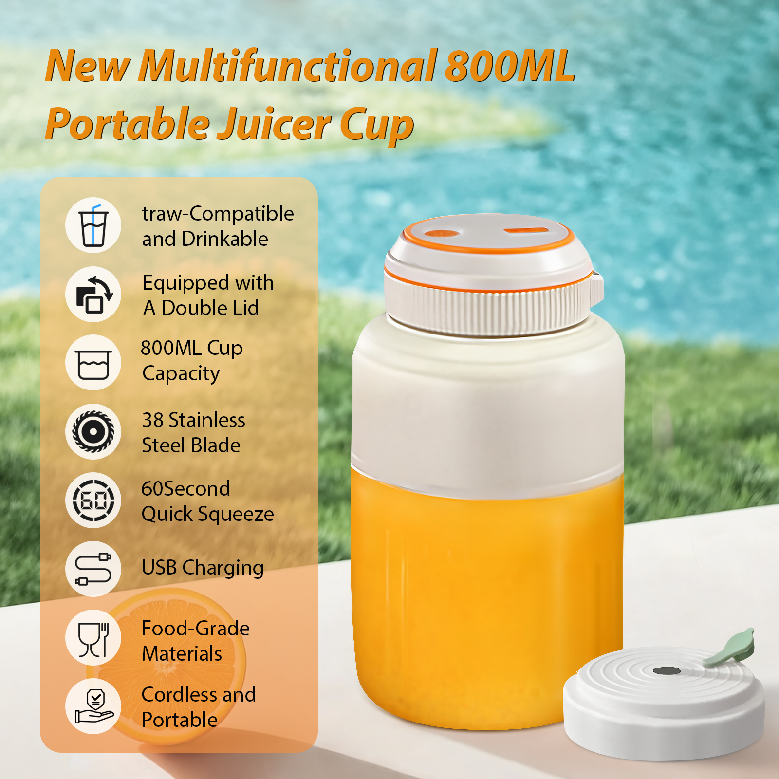 Tragbarer Entsafterbecher mit Orangensaft, Funktionen: USB-Aufladung, Doppeldeckel, 800ML Fassungsvermögen.