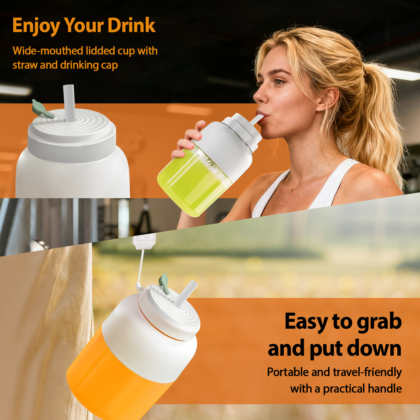 Eine Frau trinkt aus einer weiß-orangen Flasche mit Strohhalm. Die Flasche hat einen Griff.