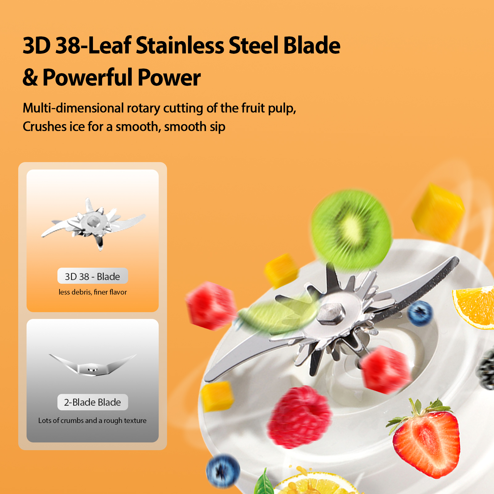 3D-Klinge mit 38 Blättern und Früchten, die um einen Mixer kreisen.