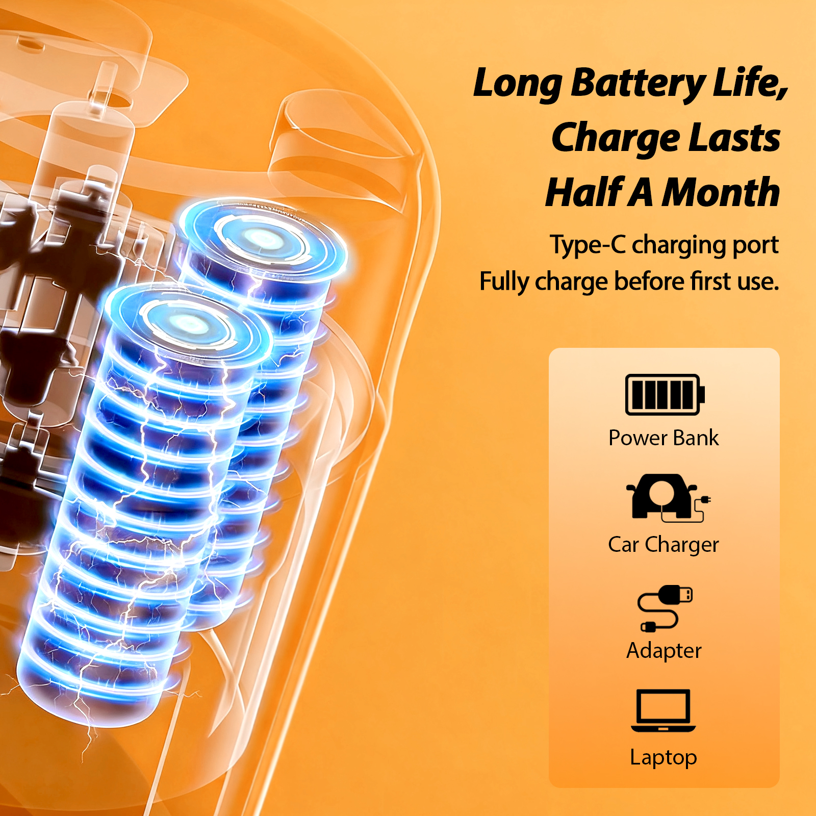 Zwei leuchtende blaue Batterien mit Blitzen, daneben Ladeoptionen.